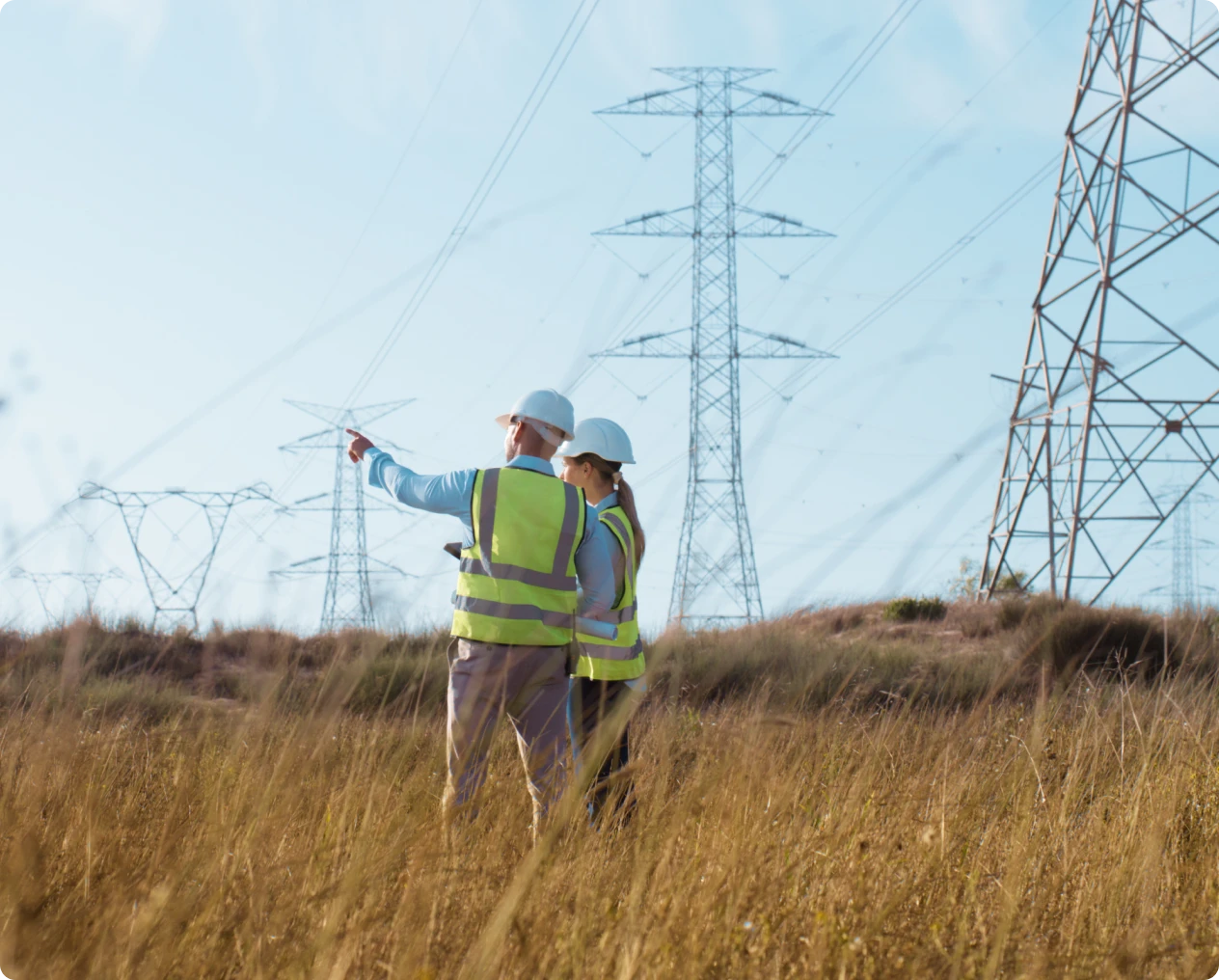 Engineers discussing power lines in field