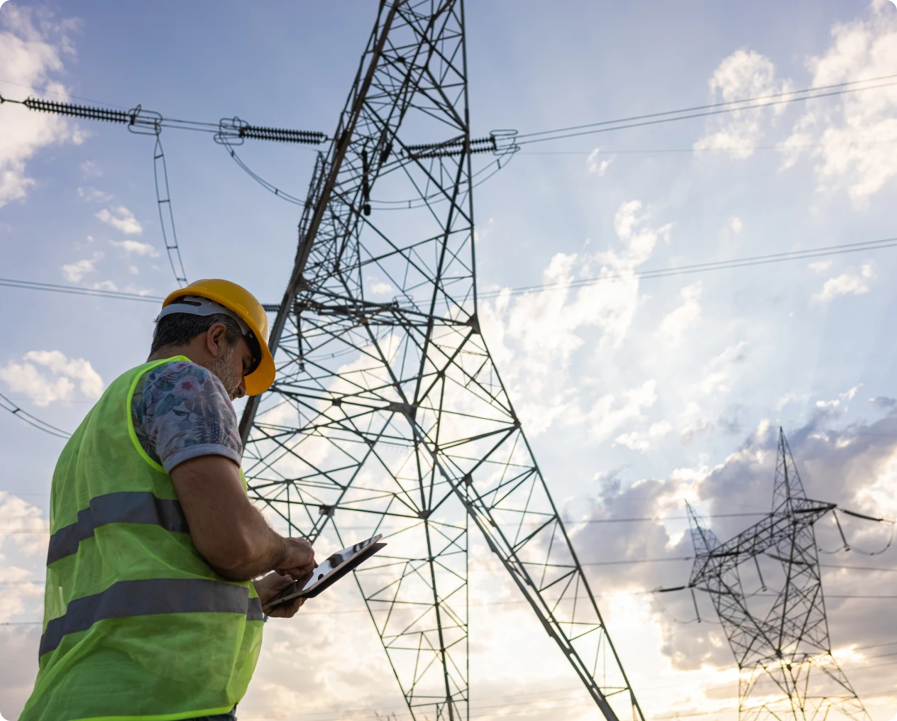 Technician with clipboard near electrical pylons