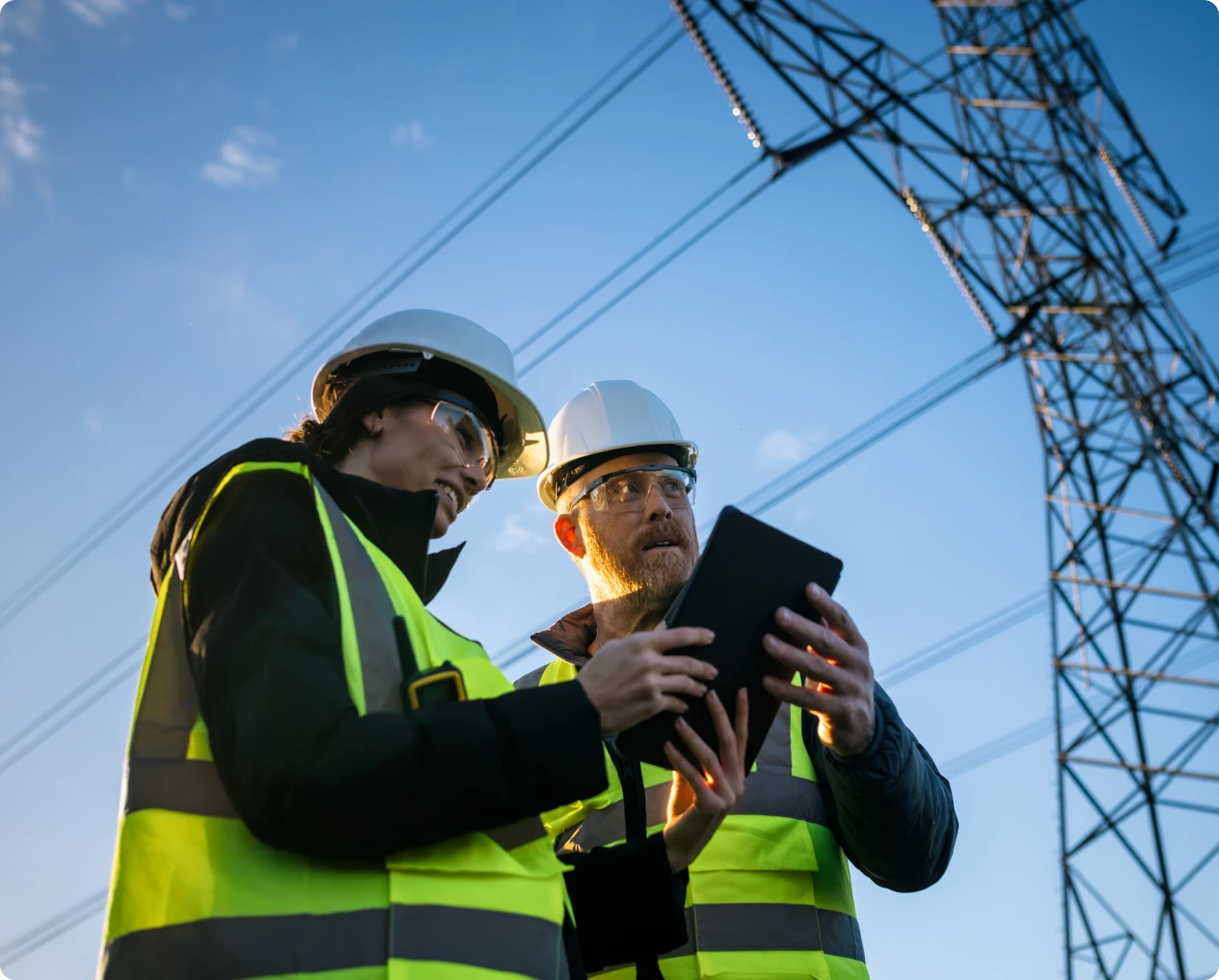 Workers in safety gear at utility site