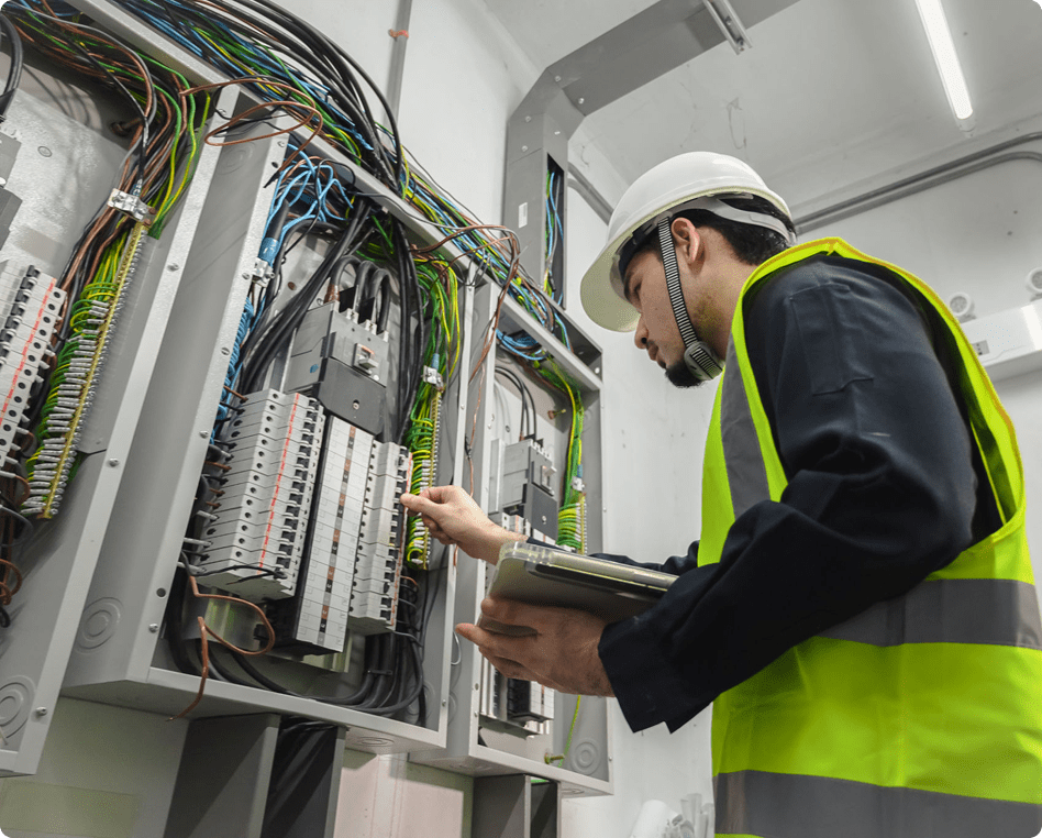 Electrician inspecting circuit breakers