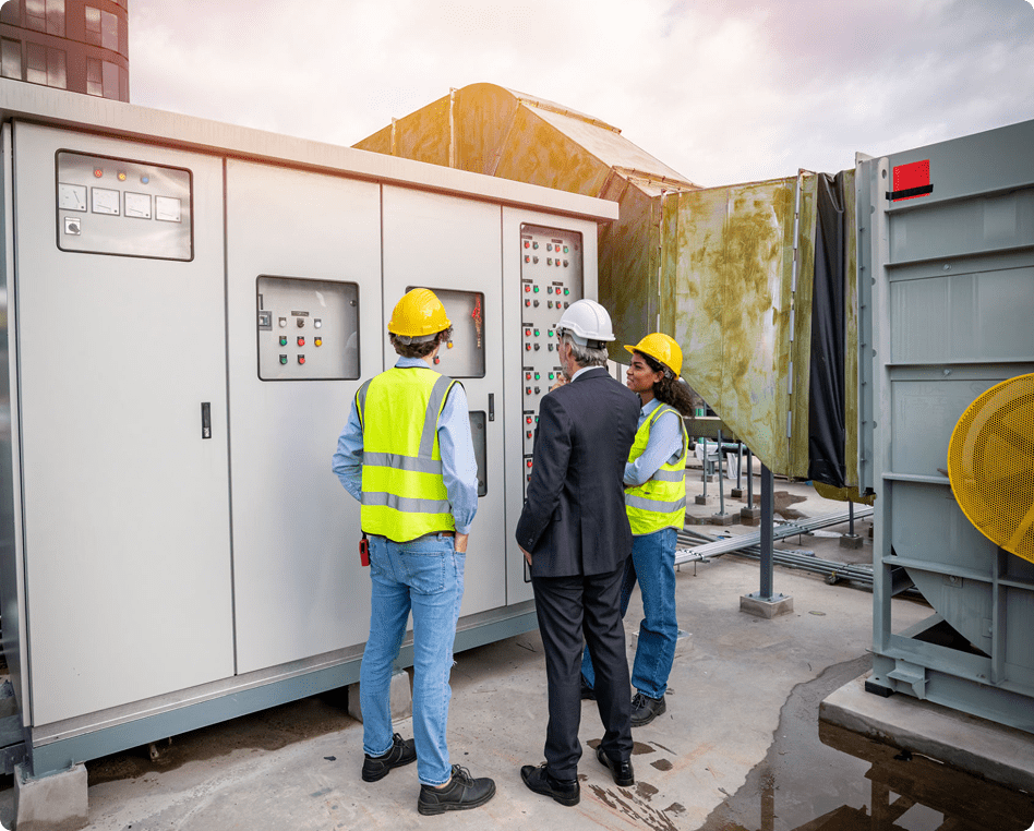 Workers inspecting electrical control panel outdoors.
