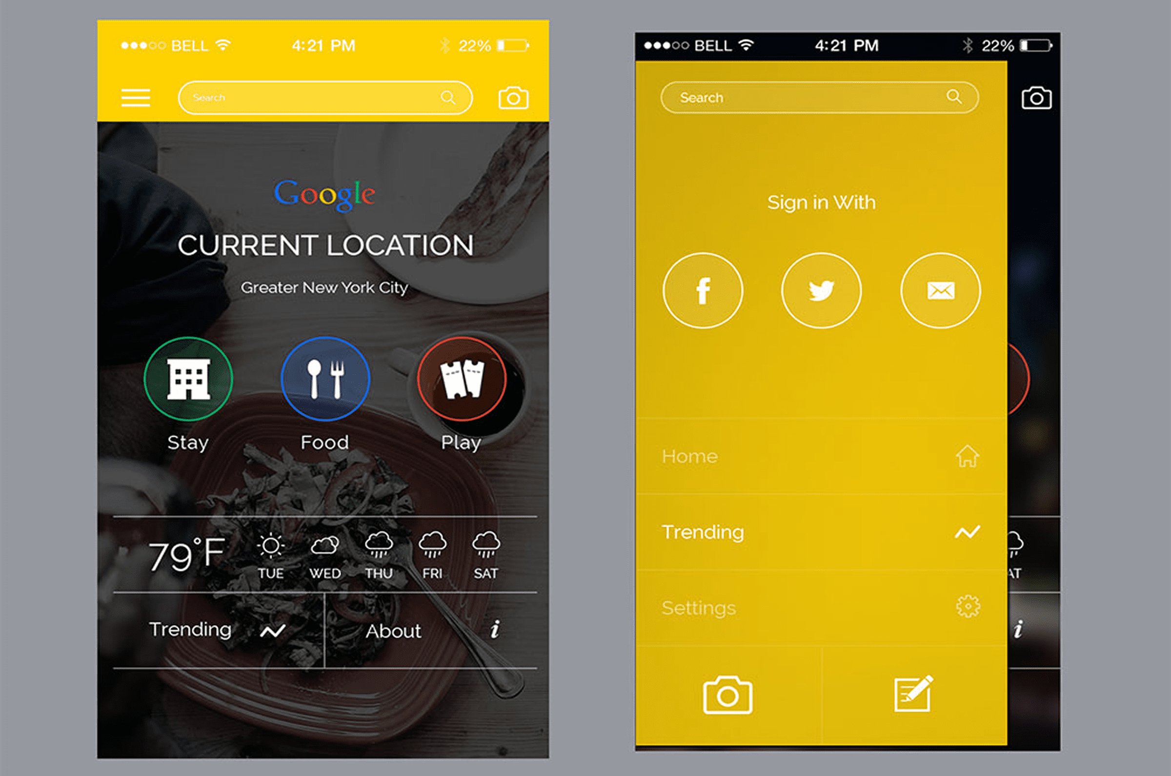 Weather and location mobile app interface