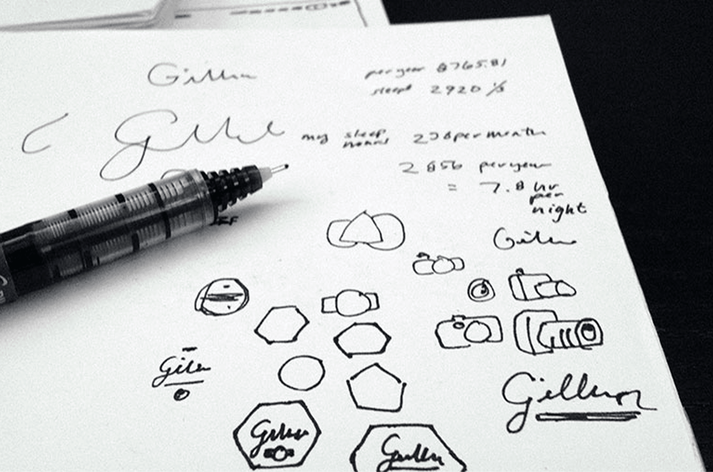Hand-drawn logos and notes.