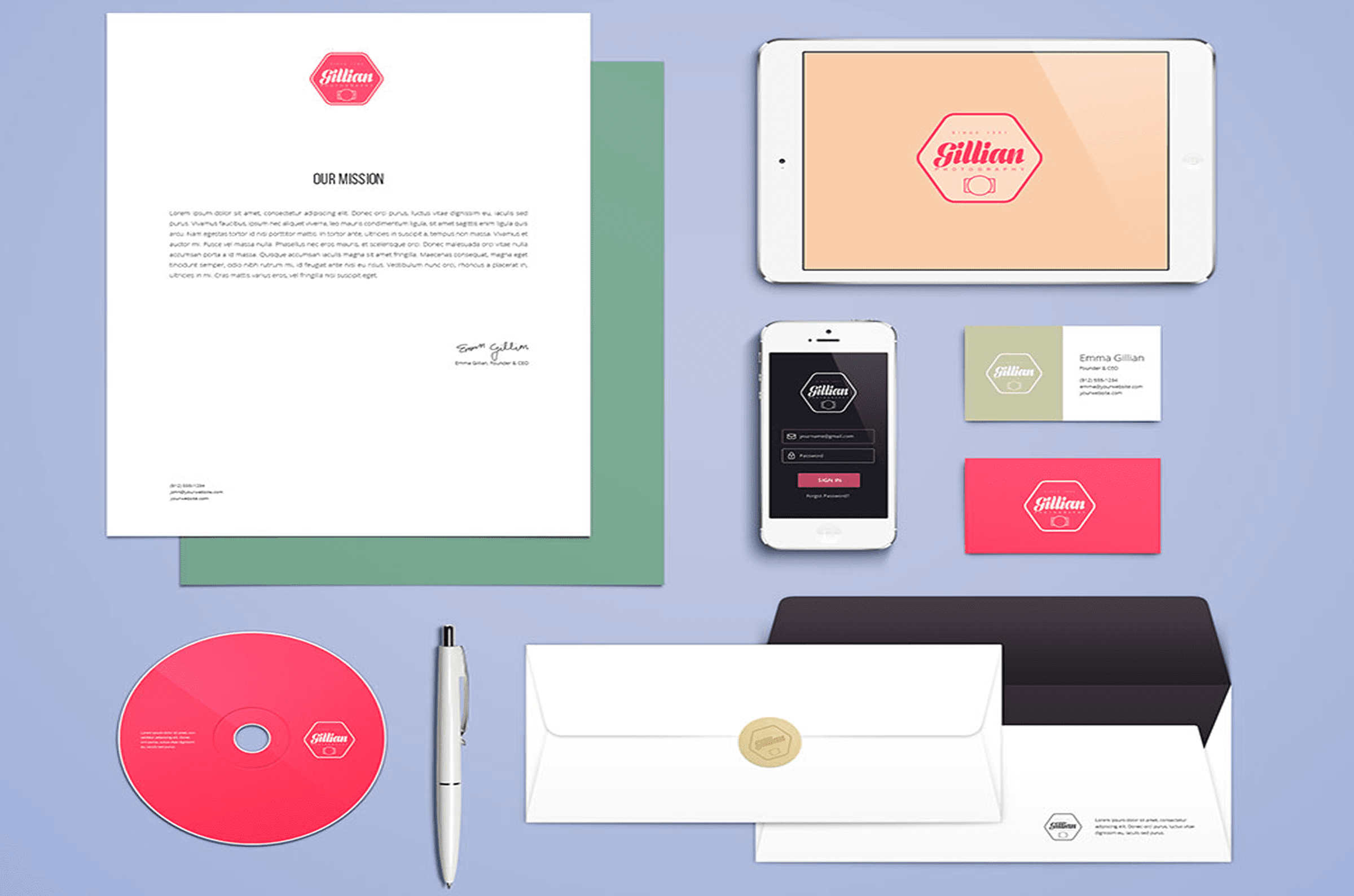 Stationery and branding mockup on blue background